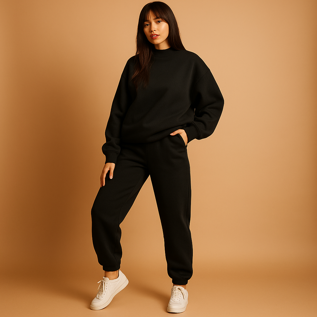 Women’s oversized loungewear set with hoodie and joggers in soft fabric, perfect for relaxing at home or casual outings.
