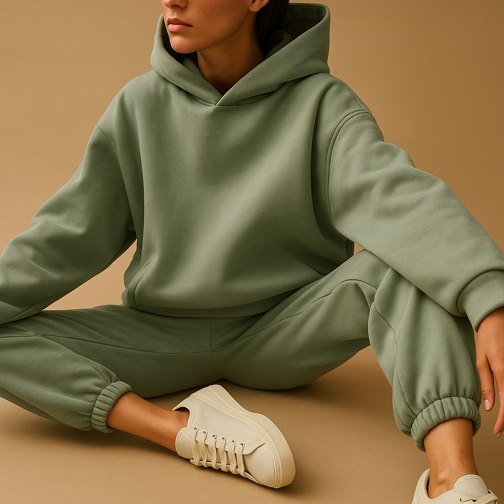 Women’s oversized loungewear set with hoodie and joggers in soft fabric, perfect for relaxing at home or casual outings.