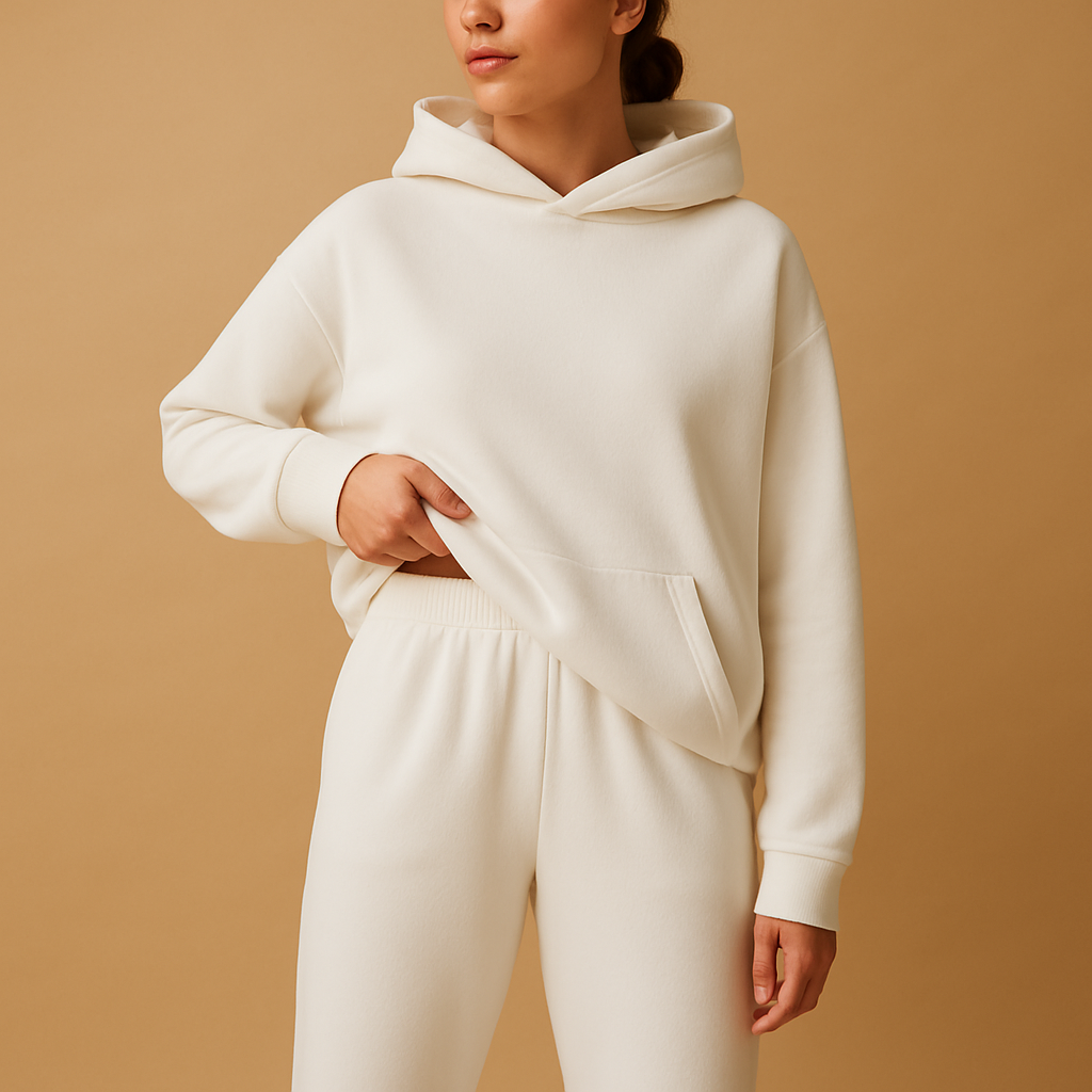 Women’s oversized loungewear set with hoodie and joggers in soft fabric, perfect for relaxing at home or casual outings.