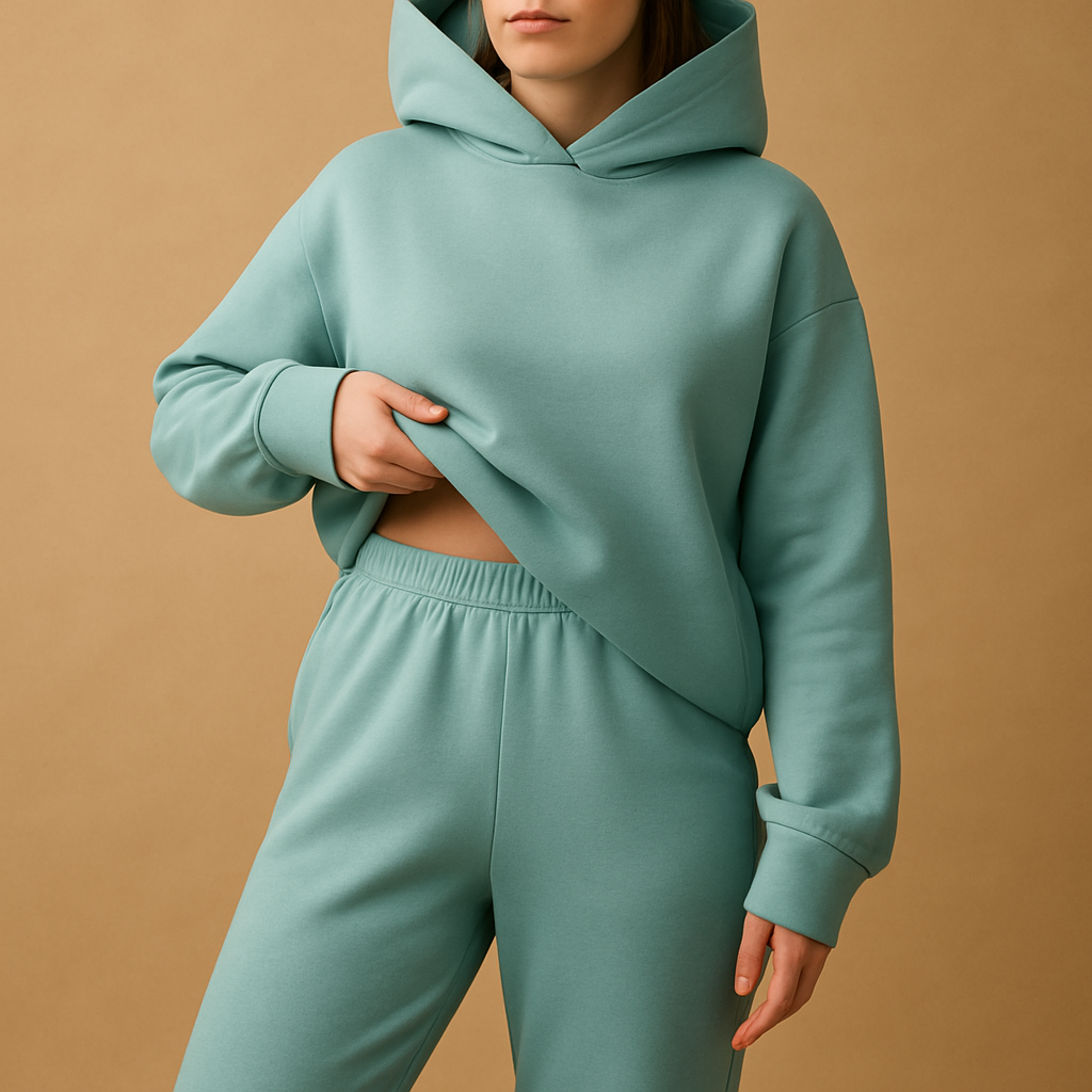 Women’s oversized loungewear set with hoodie and joggers in soft fabric, perfect for relaxing at home or casual outings.