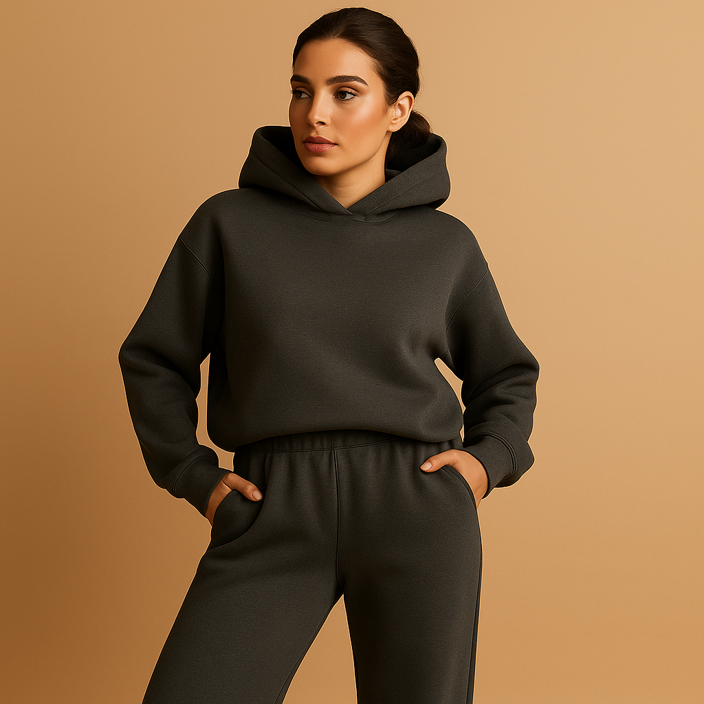 Women’s oversized loungewear set with hoodie and joggers in soft fabric, perfect for relaxing at home or casual outings.