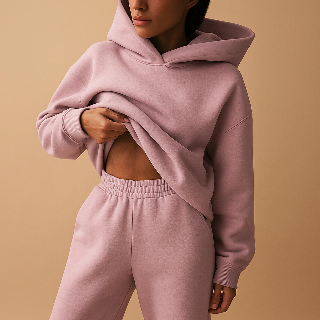 Women’s oversized loungewear set with hoodie and joggers in soft fabric, perfect for relaxing at home or casual outings.