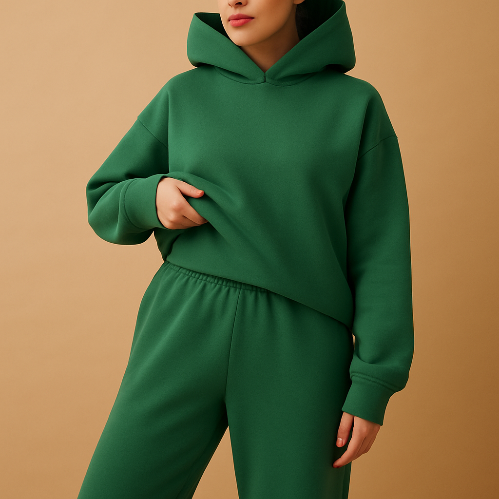 Women’s oversized loungewear set with hoodie and joggers in soft fabric, perfect for relaxing at home or casual outings.