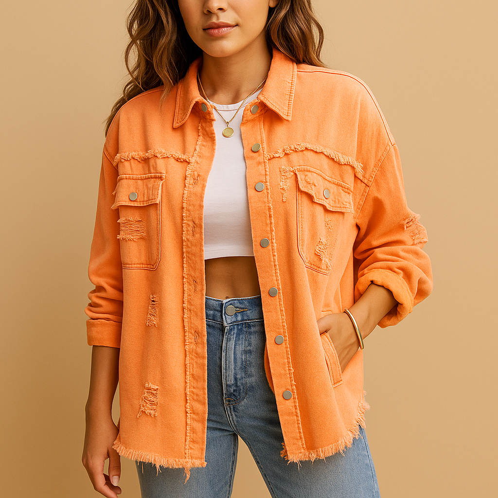 Women’s oversized vintage denim jacket with a relaxed fit and distressed details, ideal for casual outfits, layering, and trendy city looks.