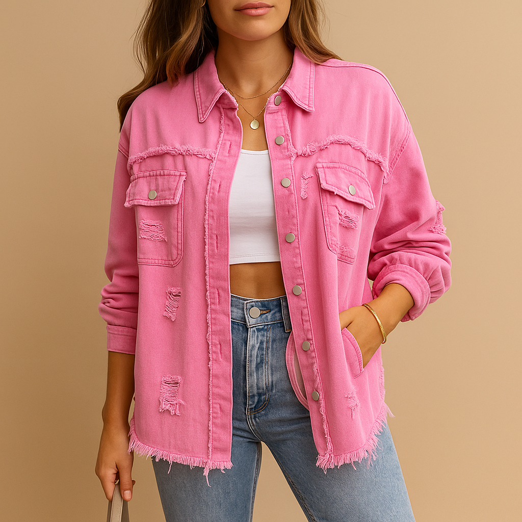 Women’s oversized vintage denim jacket with a relaxed fit and distressed details, ideal for casual outfits, layering, and trendy city looks.