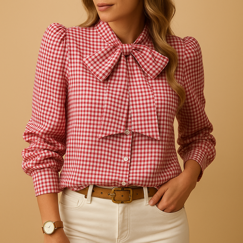 Plaid blouse for women with a bow detail and refined fit, suitable for work, brunch, and casual everyday outfits.
