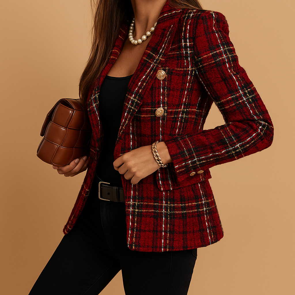 Plaid double-breasted blazer for women with classic checked pattern, ideal for business outfits and chic casual styling.