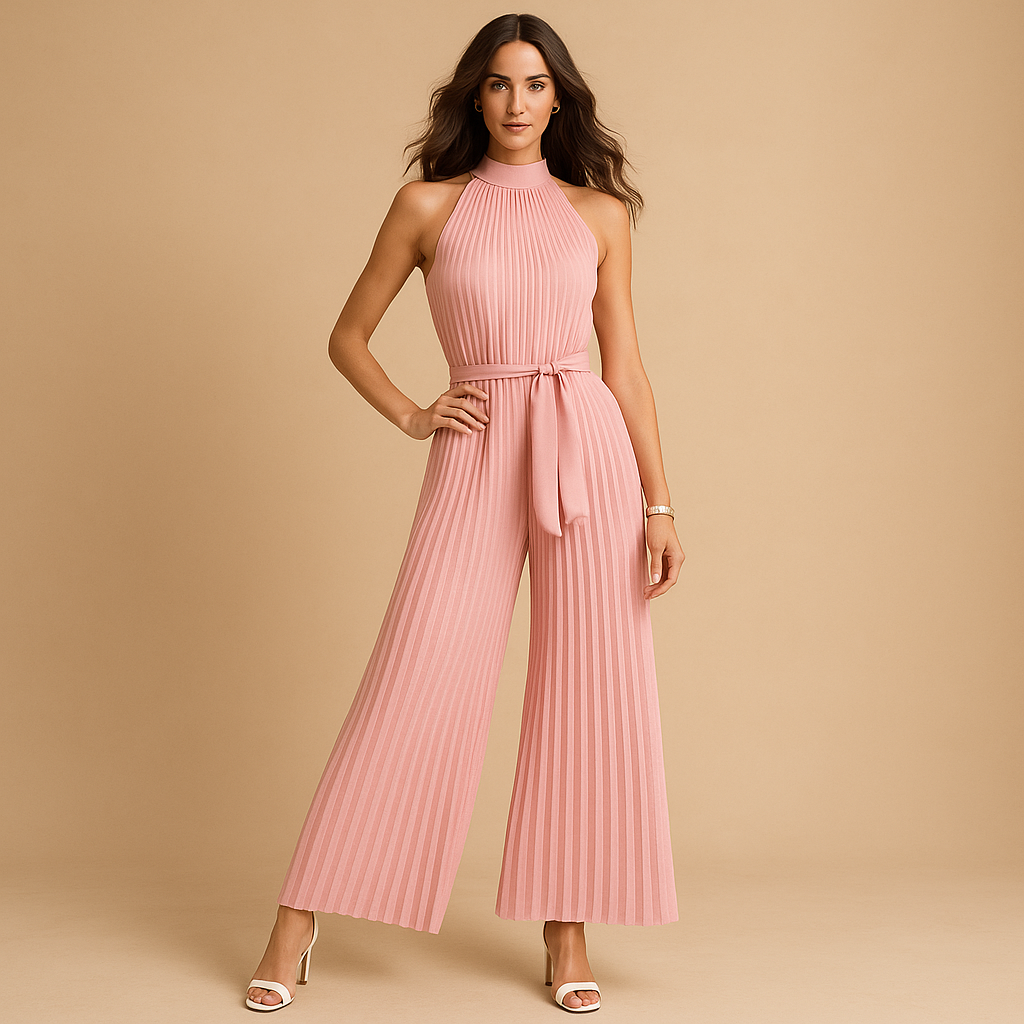 Women’s pleated high-neck jumpsuit with wide legs and matching belt, perfect for formal events, parties, and stylish daytime looks.