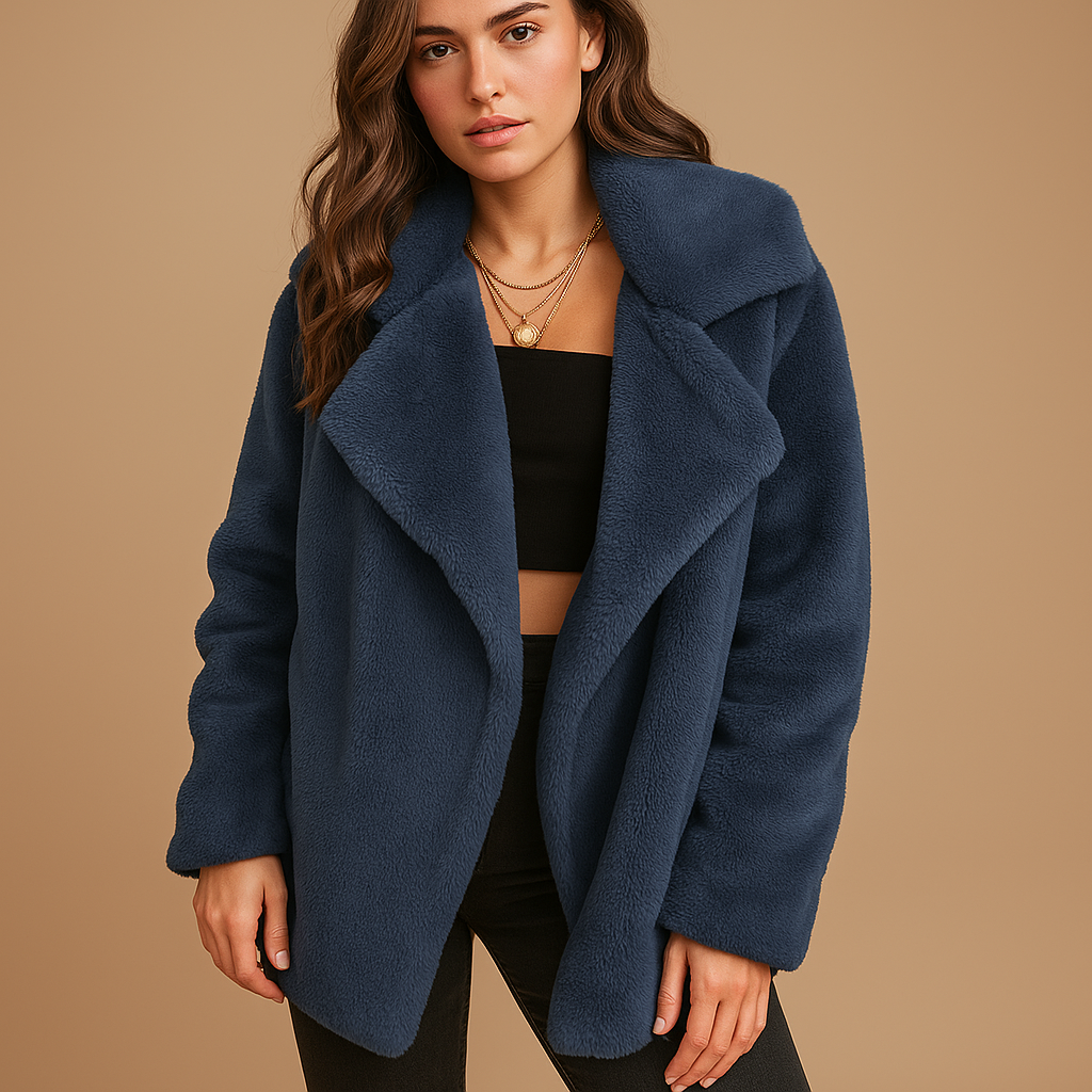 Women’s plush winter coat with lapel collar and side pockets, featuring a medium-length fit for daily wear, work, and elegant winter outings.