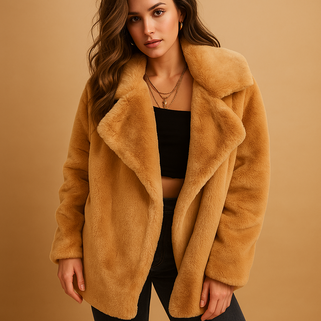 Women’s plush winter coat with lapel collar and side pockets, featuring a medium-length fit for daily wear, work, and elegant winter outings.