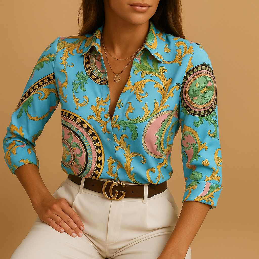 Printed blouse for women with a bold design and flattering fit, suitable for casual wear, work outfits, and elegant evening looks.