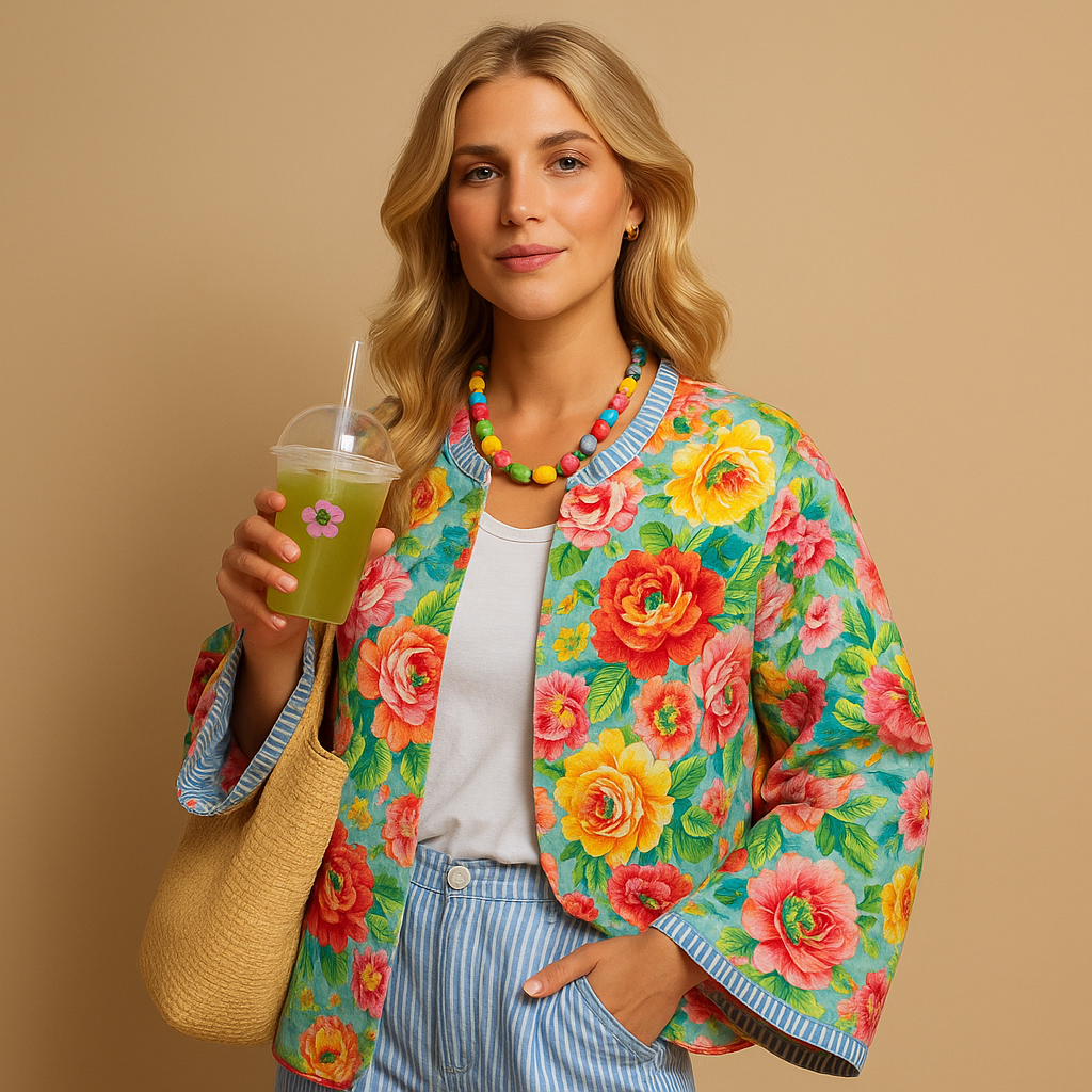 Women’s printed jacket with a slim fit, button closure, and eye-catching patterns, ideal for casual outings and everyday wear.