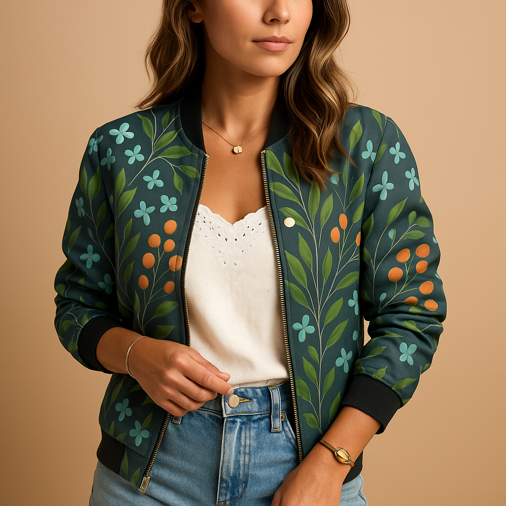 Women’s printed lightweight summer jacket with a relaxed fit and breathable design, ideal for warm days, travel, and casual city outings.