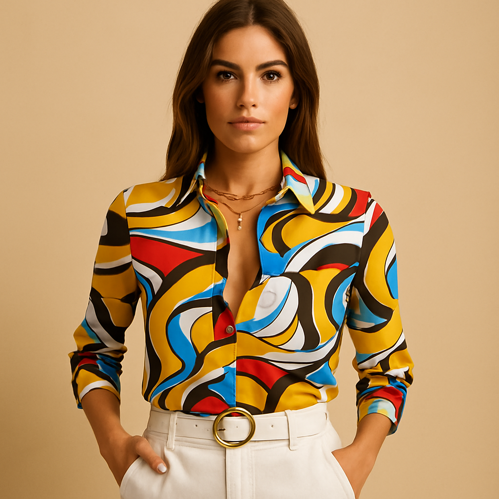 Women’s blouse with a wrap neckline and striking print, suitable for office wear, evenings out, and stylish everyday outfits.