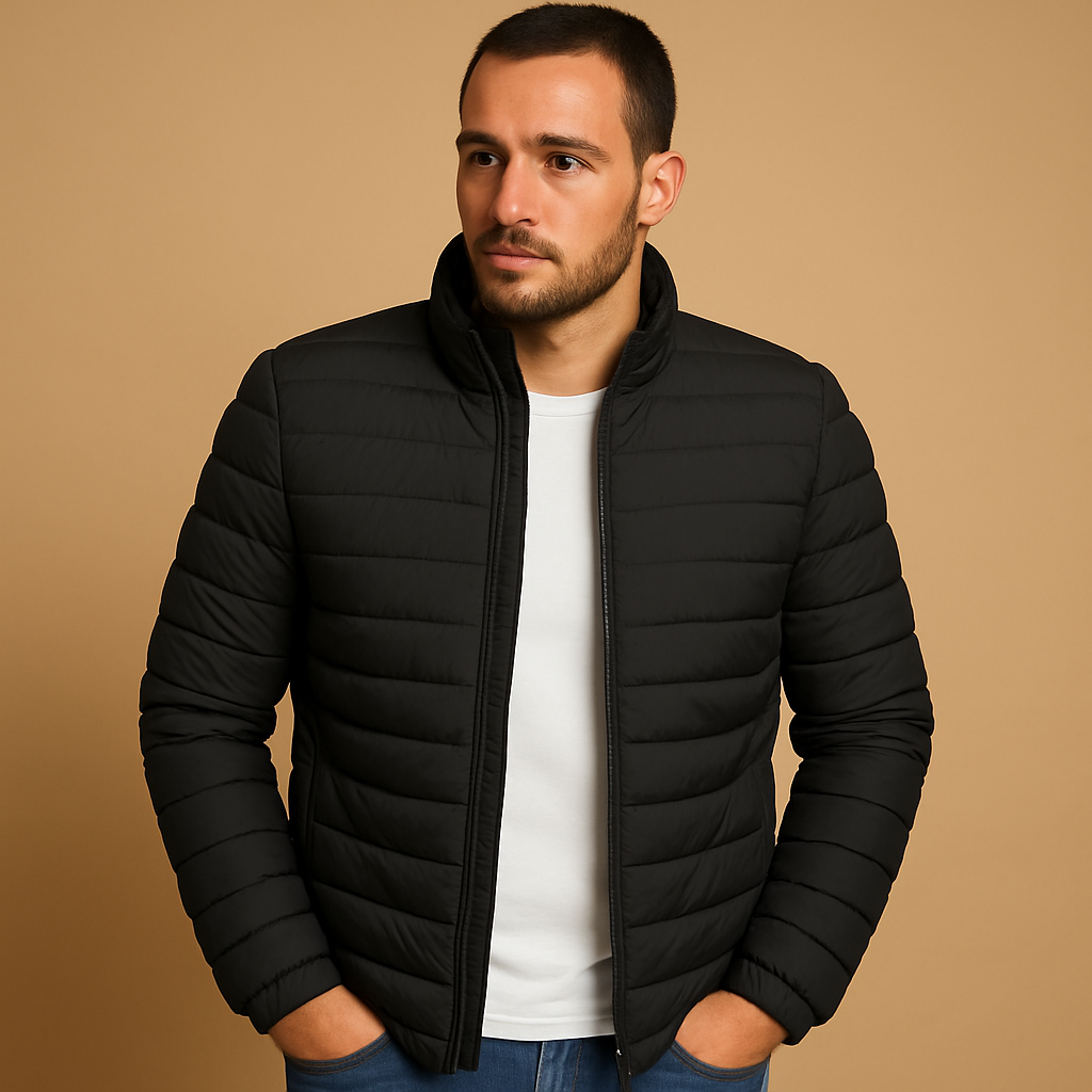 Warm puffer jacket with hood for men, designed for cold winter days with excellent insulation and stylish, durable protection.