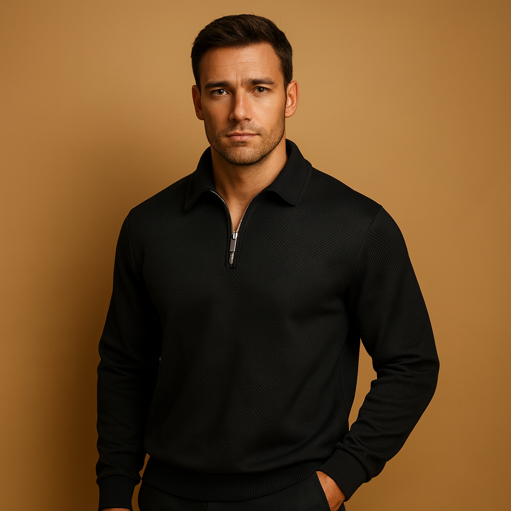 Quarter-zip polo sweater for men with geometric pattern and collared design, perfect for autumn and winter smart-casual outfits.