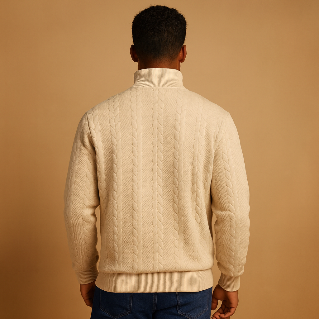Quarter-zip pullover sweater for men with subtle woven pattern and relaxed fit, perfect for casual or semi-formal autumn and winter outfits.