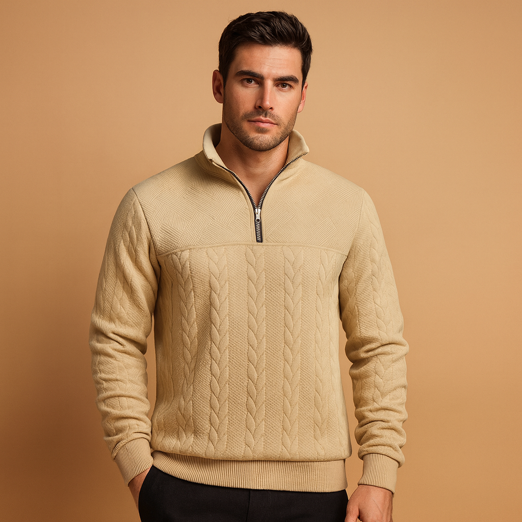 Quarter-zip pullover sweater for men with subtle woven pattern and relaxed fit, perfect for casual or semi-formal autumn and winter outfits.