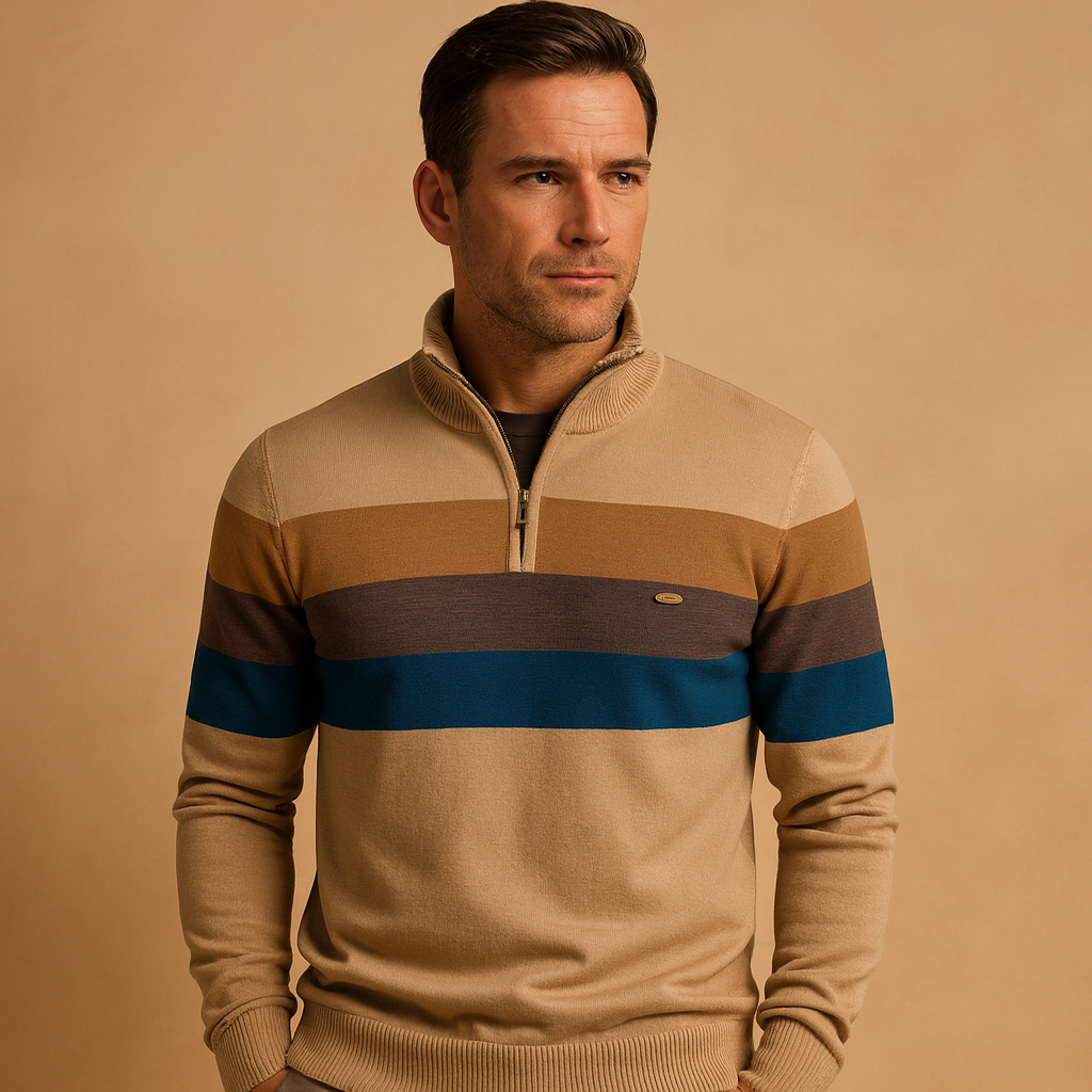 Retro striped pullover for men with collar and zipper, featuring a soft fabric and bold vintage design, perfect for autumn and winter wear.