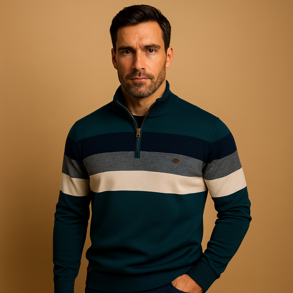 Retro striped pullover for men with collar and zipper, featuring a soft fabric and bold vintage design, perfect for autumn and winter wear.