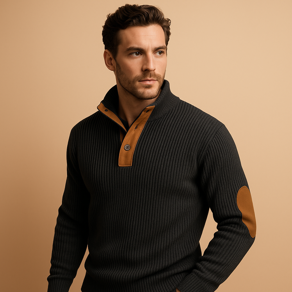 Men’s ribbed sweatshirt with collar and button closure, made from soft cotton for comfort and style during autumn and winter wear.