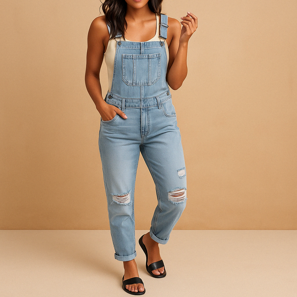 Ripped denim overall for women with adjustable straps and relaxed fit, perfect for streetwear, casual outfits, or bold urban looks.