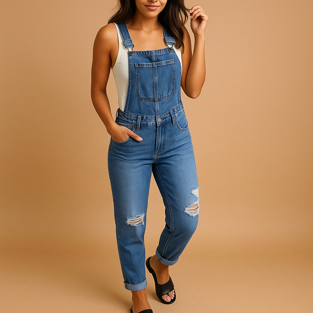 Ripped denim overall for women with adjustable straps and relaxed fit, perfect for streetwear, casual outfits, or bold urban looks.