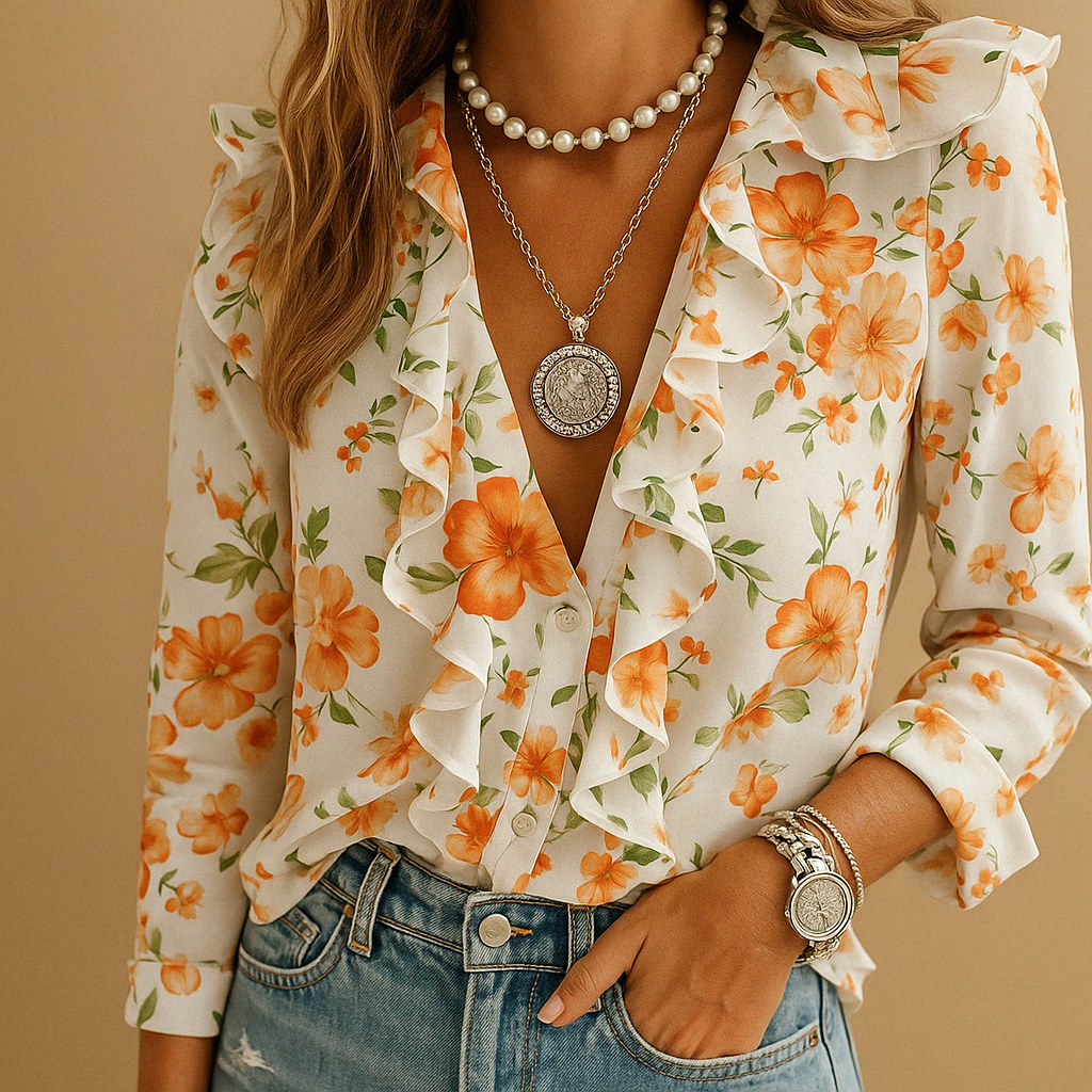 Women’s ruffled blouse with butterfly print and long sleeves, styled for work, casual outfits, and elegant occasions.