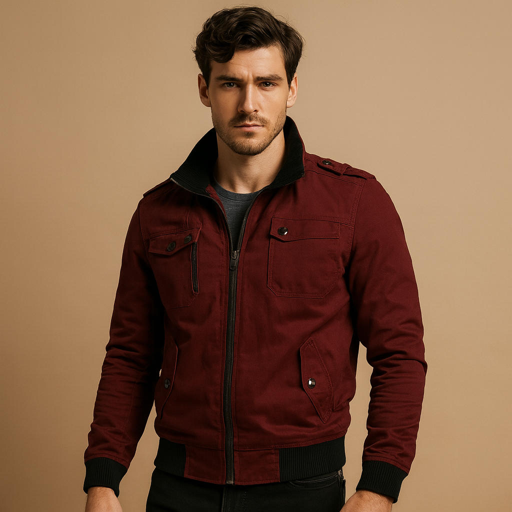 Men’s rugged bomber jacket with tactical details, high collar, ribbed cuffs, and multiple pockets for daily wear and outdoor adventures.