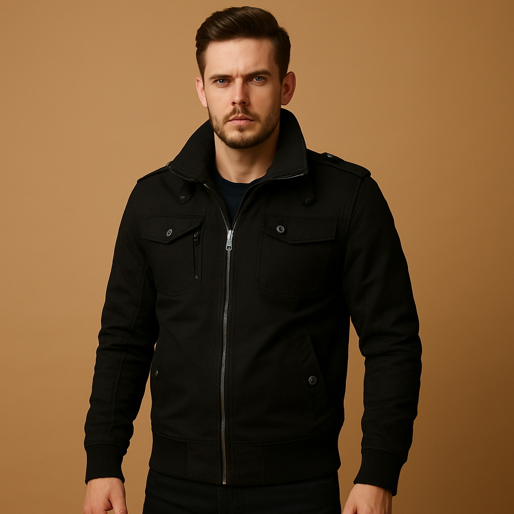 Men’s rugged bomber jacket with tactical details, high collar, ribbed cuffs, and multiple pockets for daily wear and outdoor adventures.
