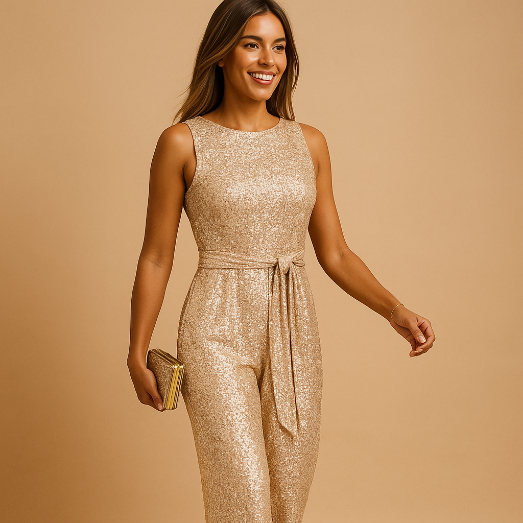 Glamorous sleeveless sequin jumpsuit for women with slim fit and round neckline, perfect for galas, parties, and special evening events.