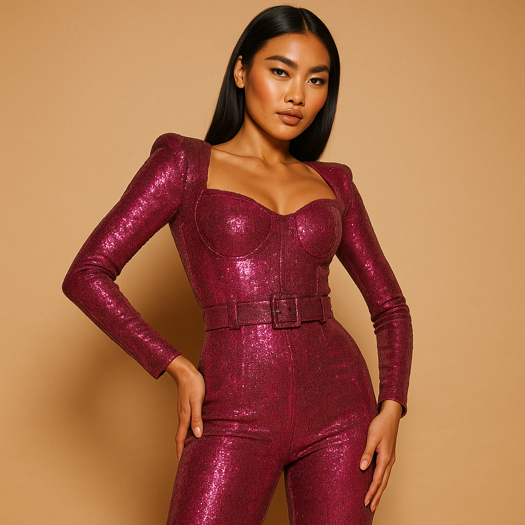 Women’s shiny long-sleeve jumpsuit with deep neckline and slim-fit design, perfect for parties, galas, and evening occasions.
