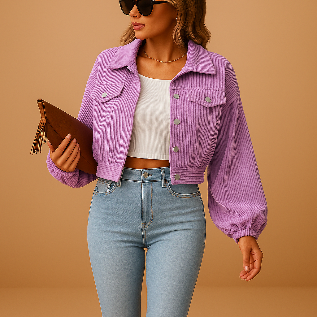 Women’s short corduroy jacket with a ribbed texture, chest pockets, silver buttons, and a modern silhouette, suitable for everyday wear and layered outfits.