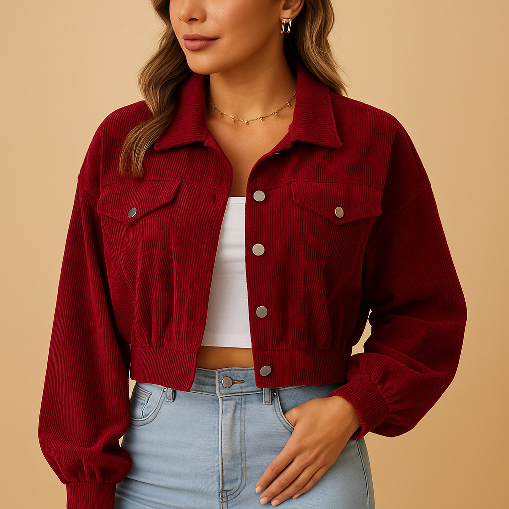 Women’s short corduroy jacket with a ribbed texture, chest pockets, silver buttons, and a modern silhouette, suitable for everyday wear and layered outfits.