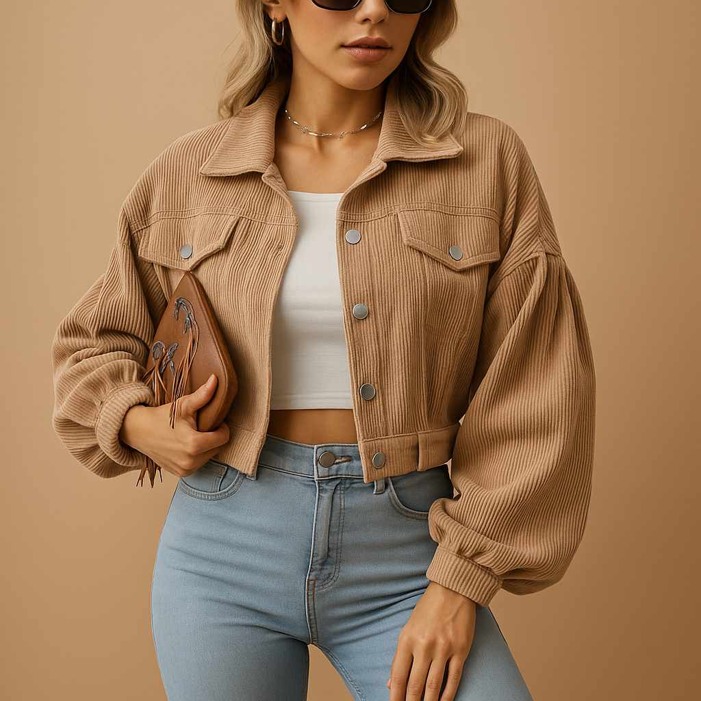 Women’s short corduroy jacket with a ribbed texture, chest pockets, silver buttons, and a modern silhouette, suitable for everyday wear and layered outfits.