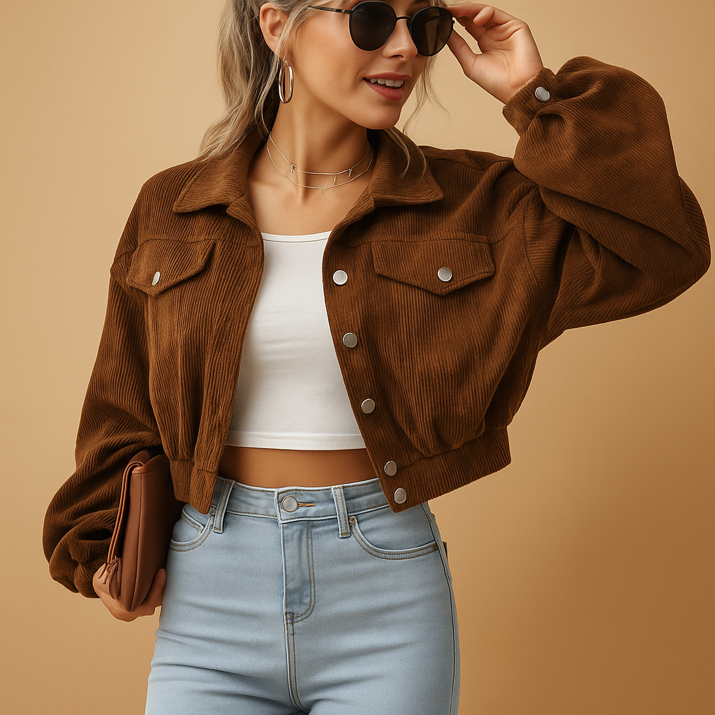 Women’s short corduroy jacket with a ribbed texture, chest pockets, silver buttons, and a modern silhouette, suitable for everyday wear and layered outfits.