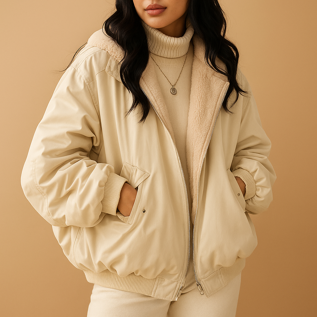 Women’s short hooded winter jacket with padded lining, removable hood, and modern fit, suitable for daily wear and city outings in winter.