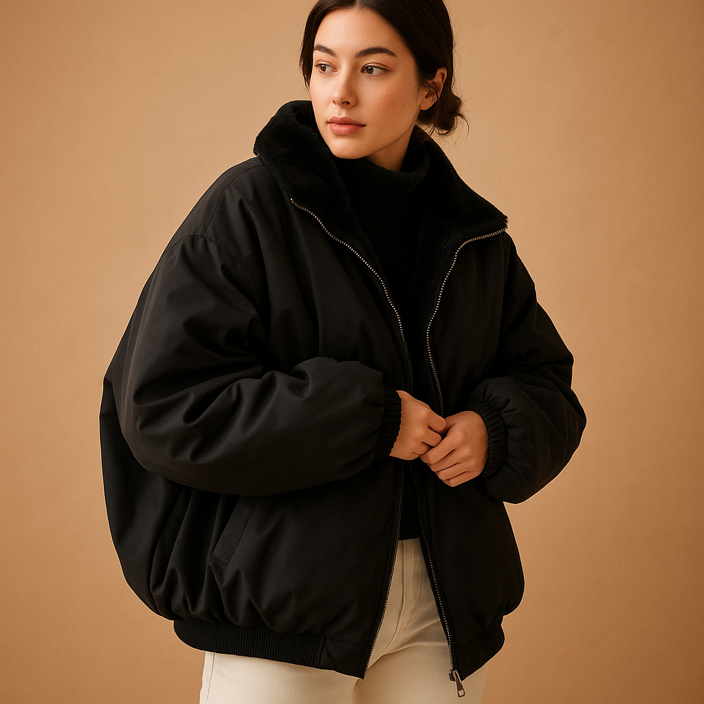 Women’s short hooded winter jacket with padded lining, removable hood, and modern fit, suitable for daily wear and city outings in winter.