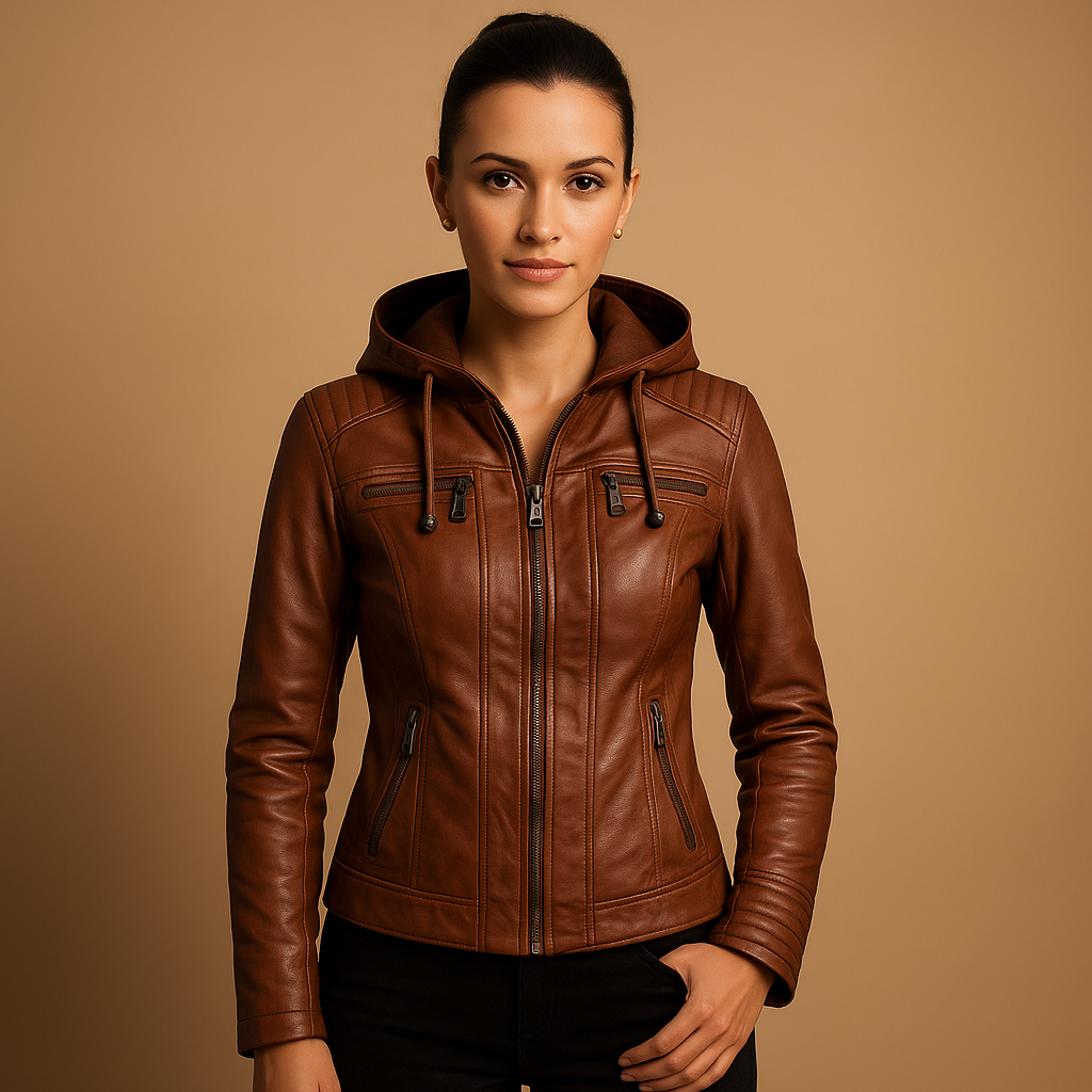 Women’s short jacket with a slim fit, detachable hood, and modern zip details, suitable for casual outings, outdoor wear, and stylish evenings.