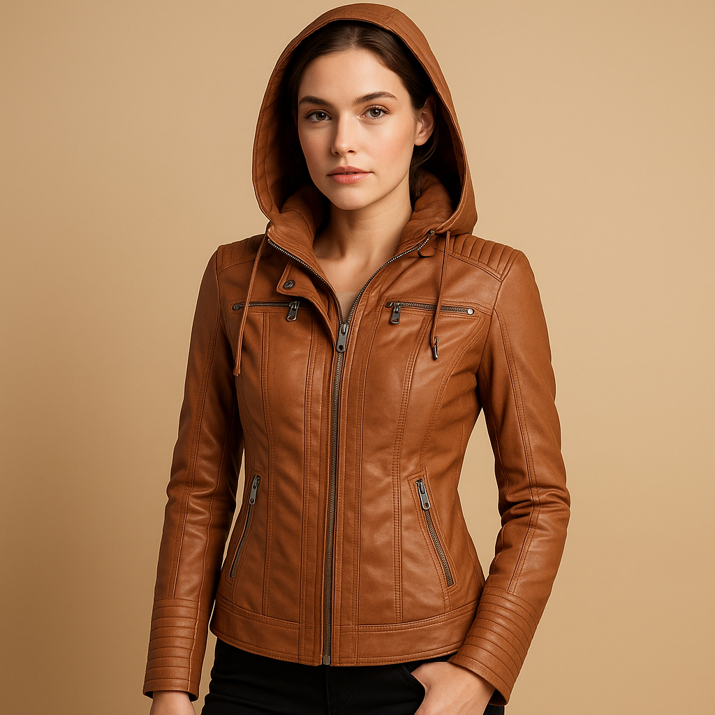 Women’s short jacket with a slim fit, detachable hood, and modern zip details, suitable for casual outings, outdoor wear, and stylish evenings.