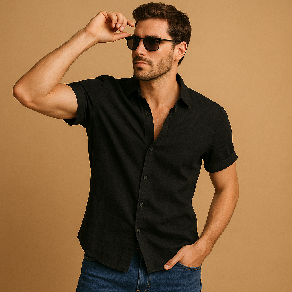 Men’s short sleeve summer shirt in white, green, khaki, gray, black, and baby blue, ideal for warm weather and casual wear.