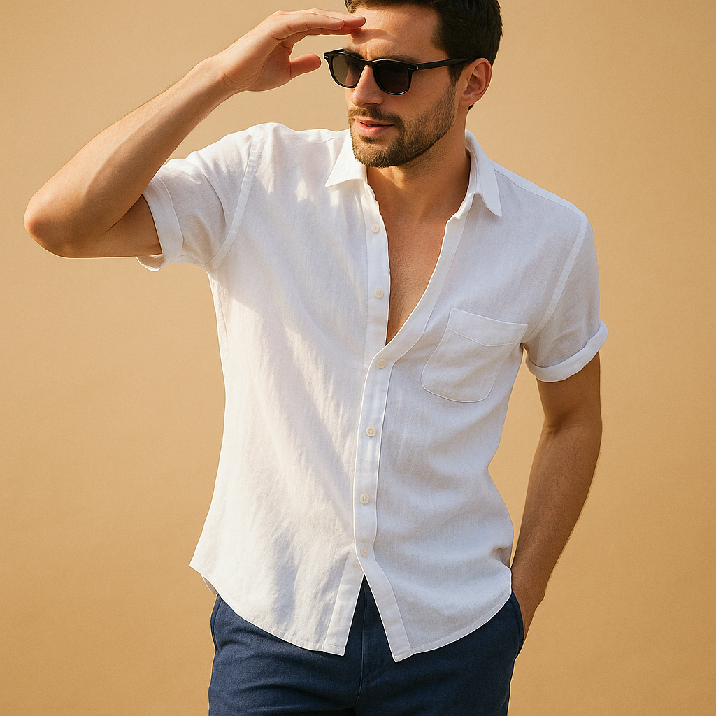 Men’s short sleeve summer shirt in white, green, khaki, gray, black, and baby blue, ideal for warm weather and casual wear.