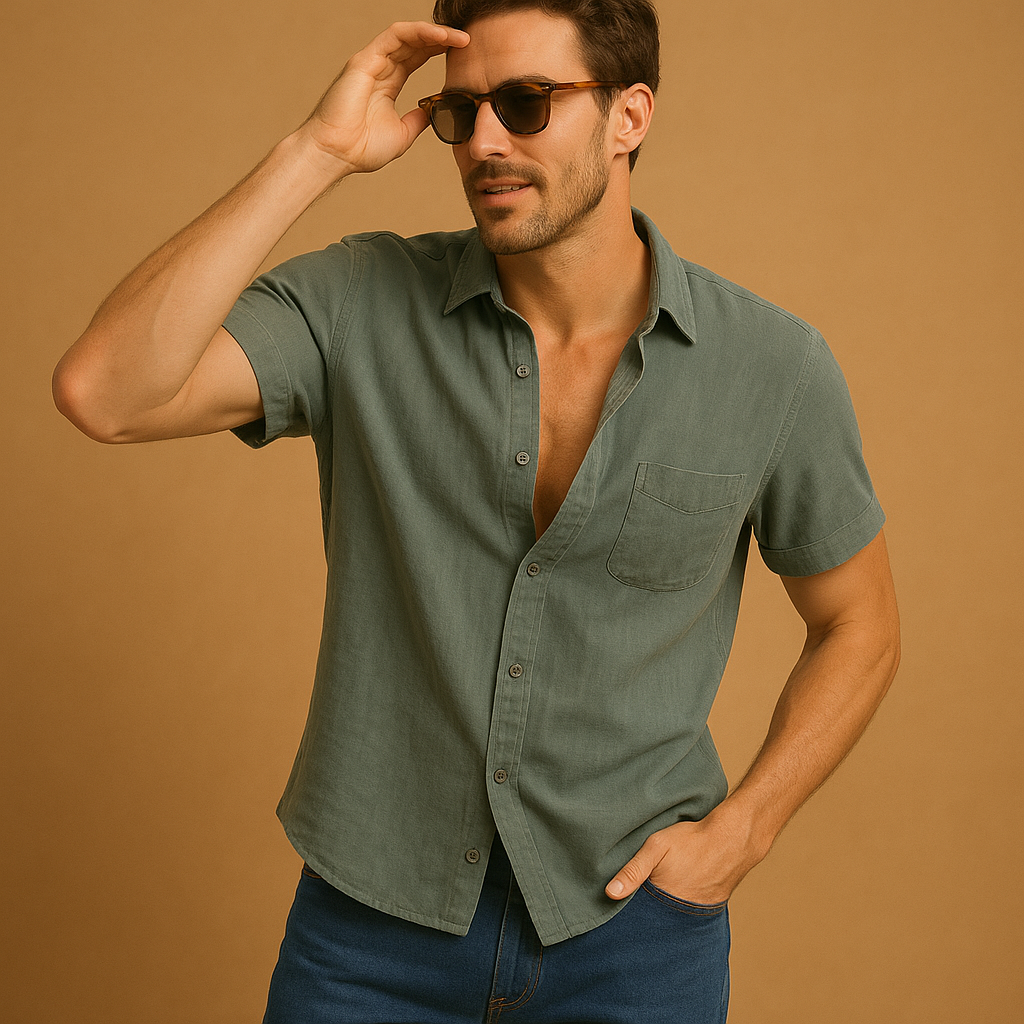 Men’s short sleeve summer shirt in white, green, khaki, gray, black, and baby blue, ideal for warm weather and casual wear.
