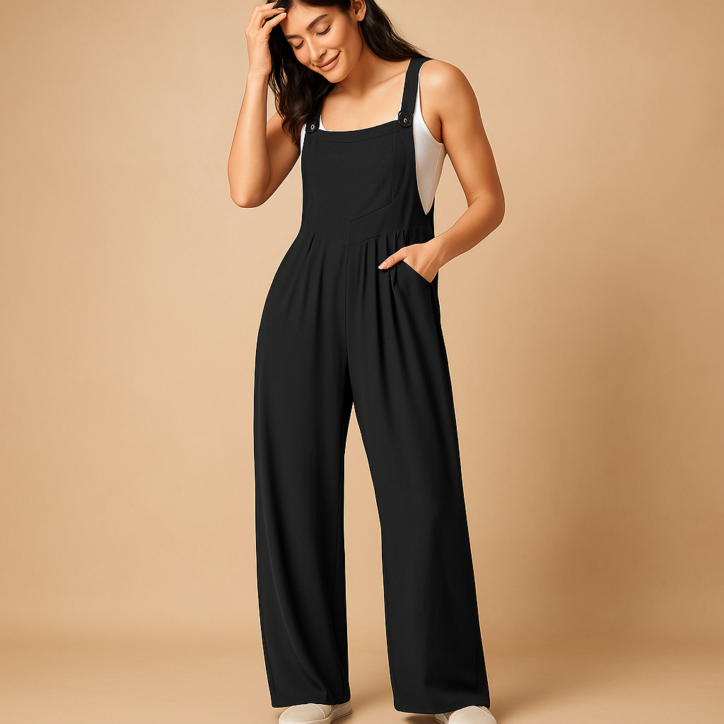 Women’s sleeveless casual jumpsuit with ruched design and pockets, ideal for everyday wear, weekend outings, and errands.