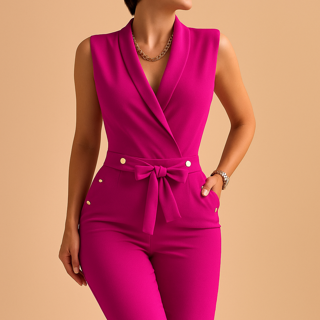 Tailored sleeveless jumpsuit for women with waist tie and deep V-neck, perfect for parties, formal events, and elegant evenings out.