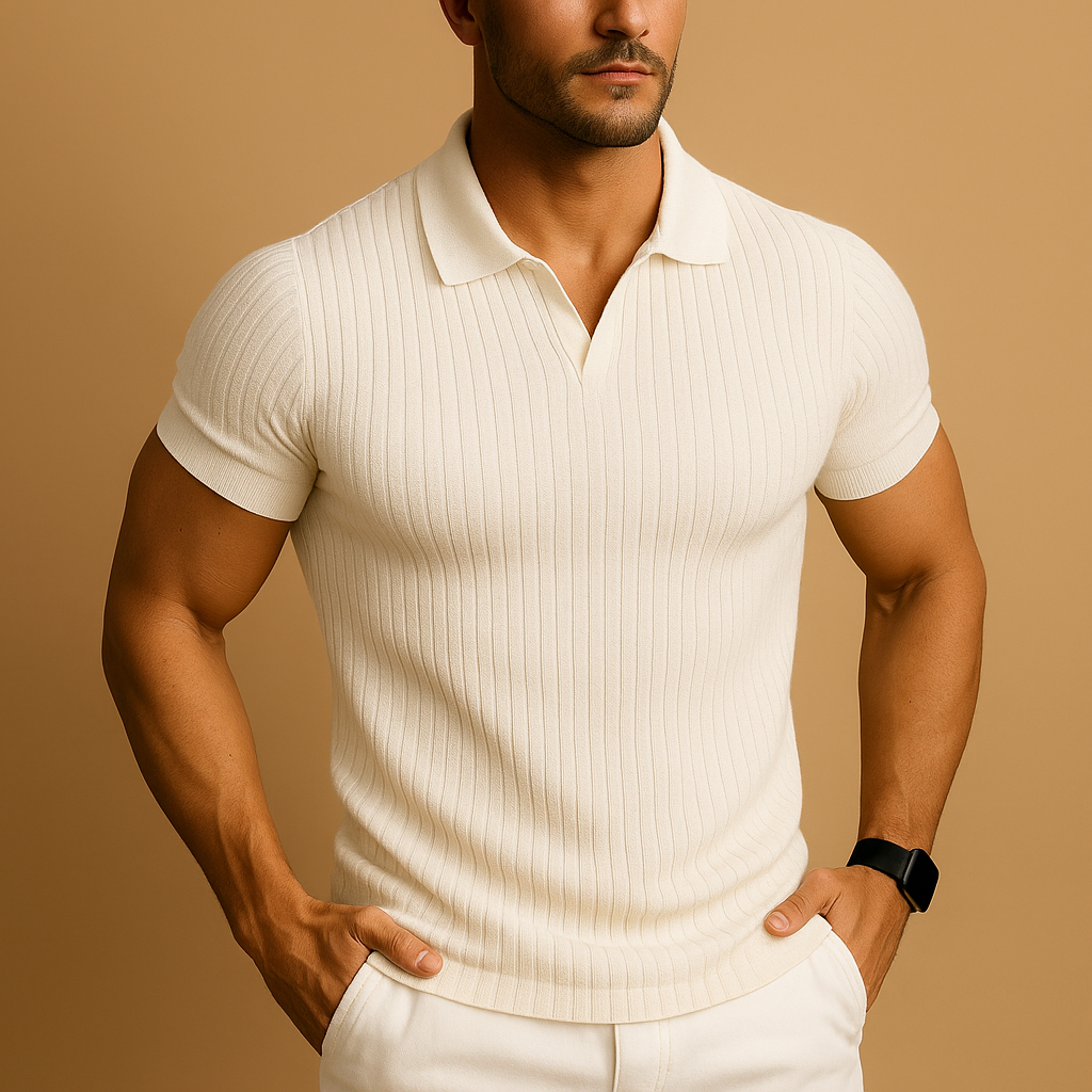 Men’s slim fit polo shirt with V-neck and lapel collar, ideal for casual and smart-casual occasions.