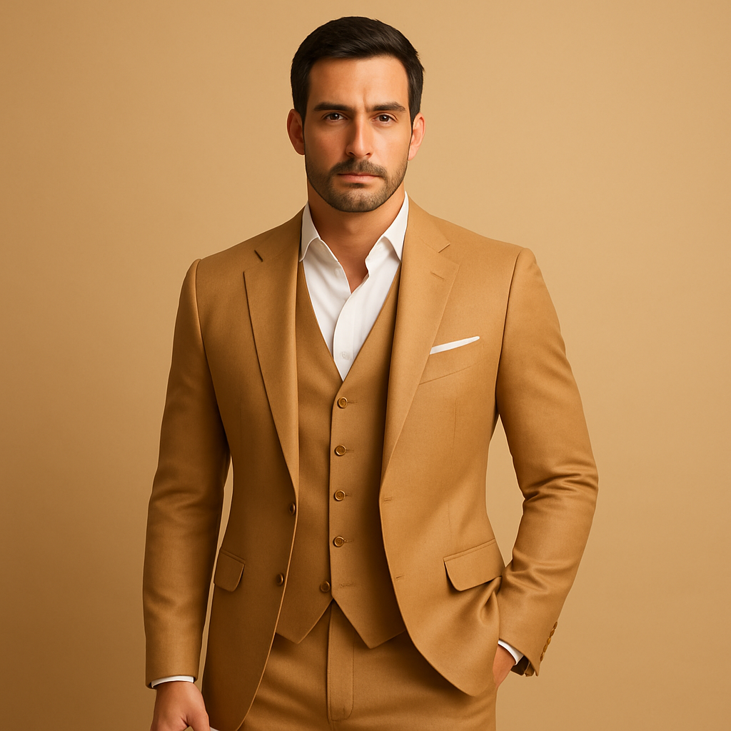 Men’s slim fit suit with blazer and trousers, ideal for weddings, business meetings, or formal events.