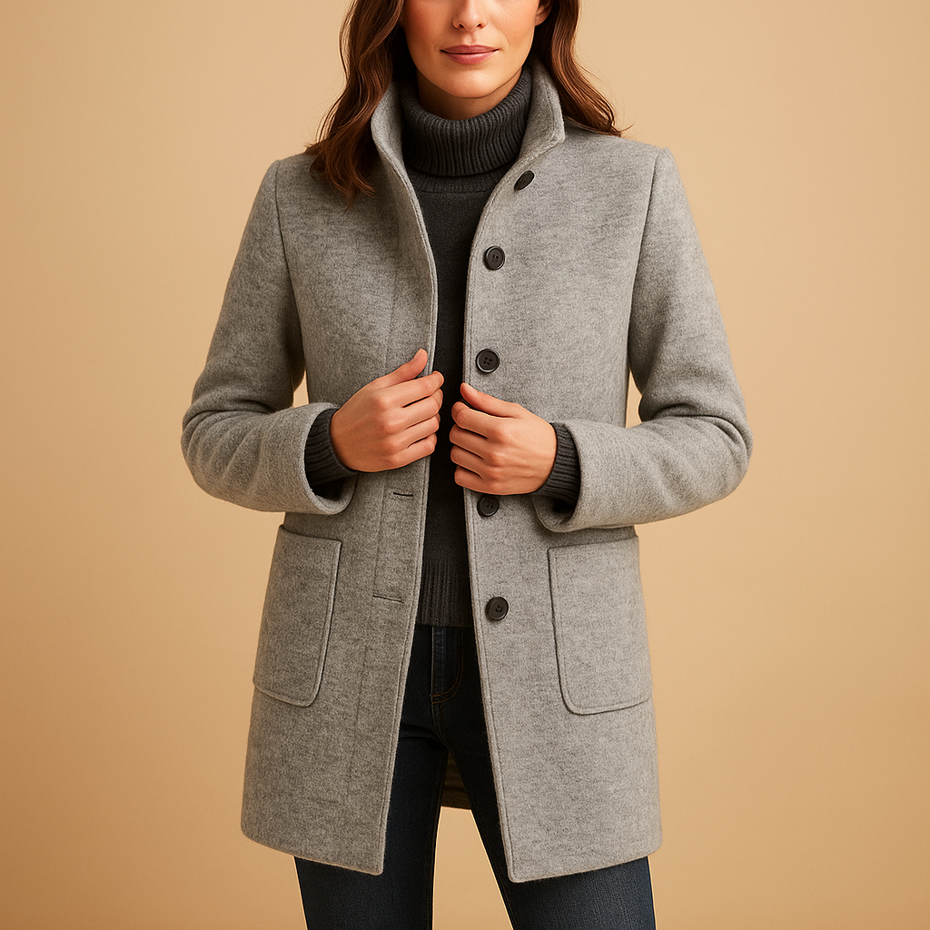 Soft winter coat for women with relaxed fit and elegant design, available in blue, grey, green, and purple for stylish cold-weather outfits.