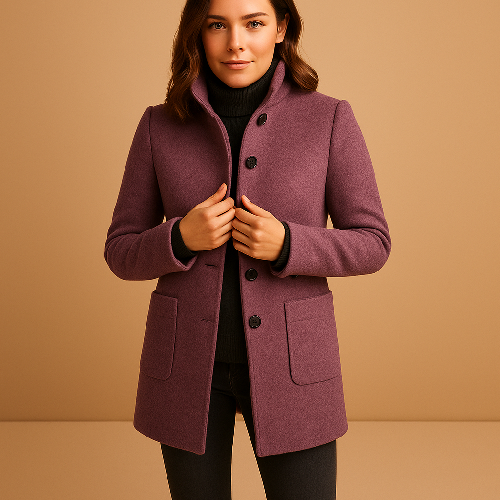 Soft winter coat for women with relaxed fit and elegant design, available in blue, grey, green, and purple for stylish cold-weather outfits.