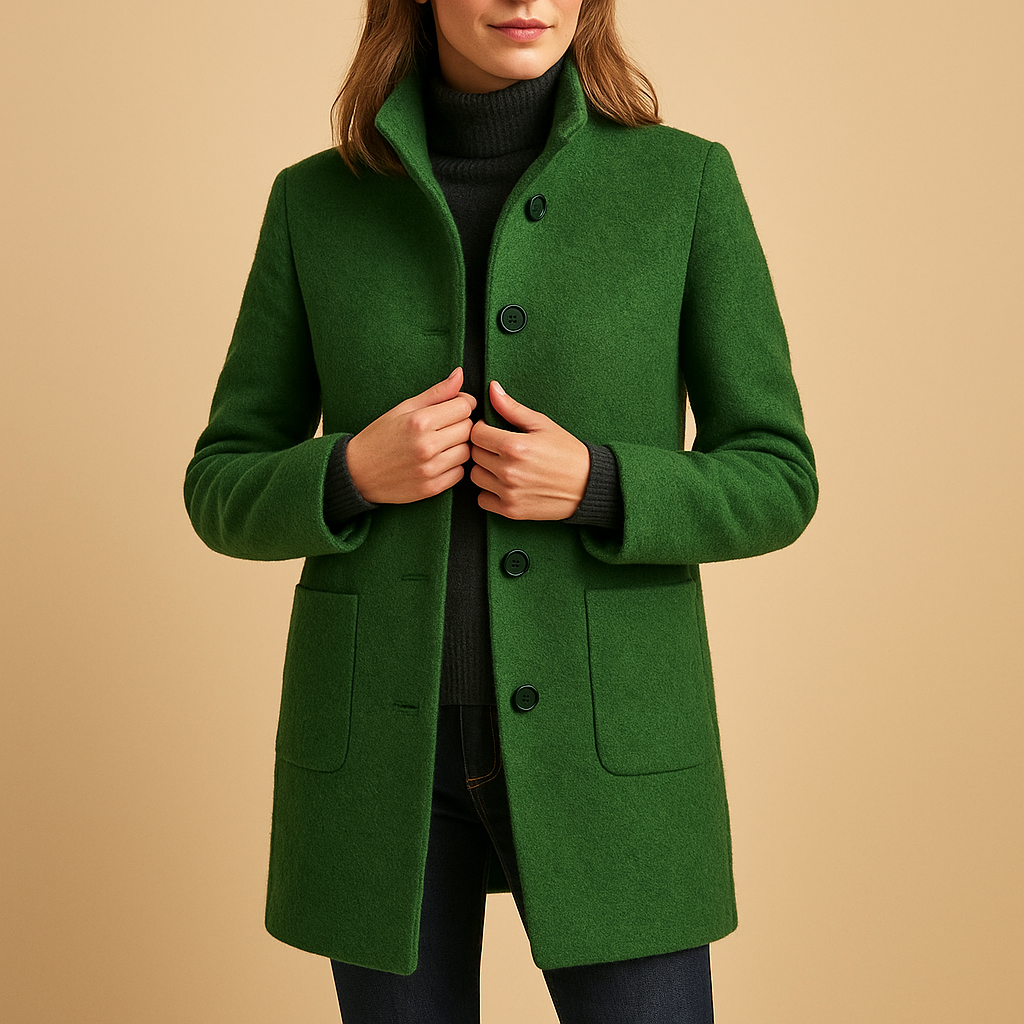 Soft winter coat for women with relaxed fit and elegant design, available in blue, grey, green, and purple for stylish cold-weather outfits.